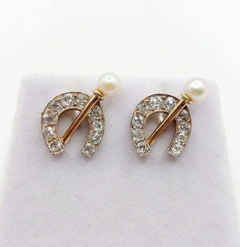Boucles d'oreilles Puces d'oreilles fers à cheval en or 18k, argent, diamants et perles 58 Facettes A07363