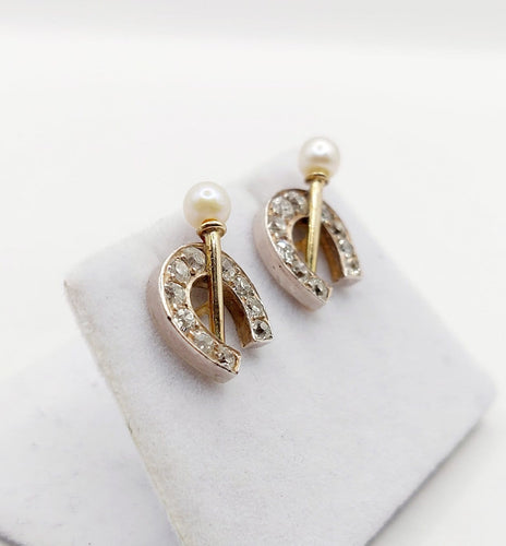 Boucles d'oreilles Puces d'oreilles fers à cheval en or 18k, argent, diamants et perles 58 Facettes A07363