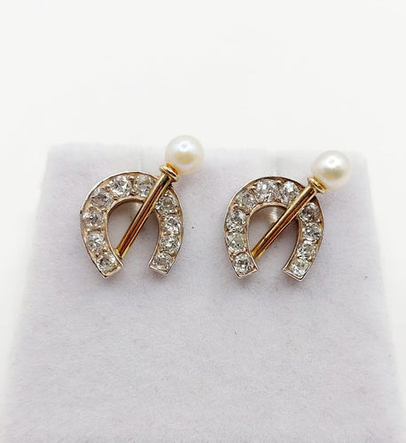 Boucles d'oreilles Puces d'oreilles fers à cheval en or 18k, argent, diamants et perles 58 Facettes A07363