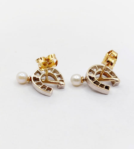 Boucles d'oreilles Puces d'oreilles fers à cheval en or 18k, argent, diamants et perles 58 Facettes A07363