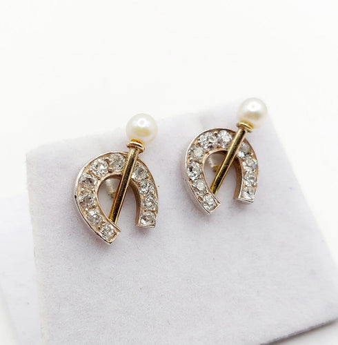 Boucles d'oreilles Puces d'oreilles fers à cheval en or 18k, argent, diamants et perles 58 Facettes A07363