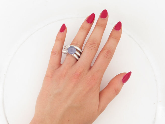 Bague 62 Omega - Bague cabochon en or blanc, pierre de lune et diamants 1,4 ct 58 Facettes 275132