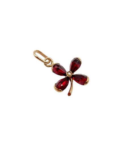 Pendentif trèfle antique en or 18k, grenats et perle