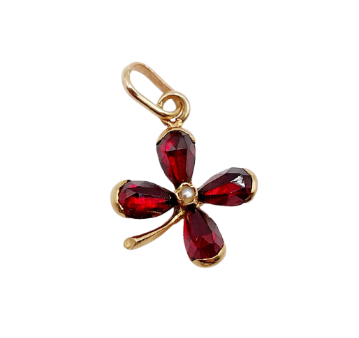 Pendentif trèfle antique en or 18k, grenats et perle