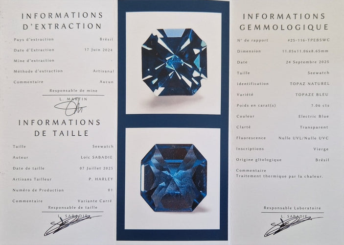 Topaze bleue Electric Blue - Pierre naturelle certifiée 7,06 ct 58 Facettes #25-116-TPEBSWC