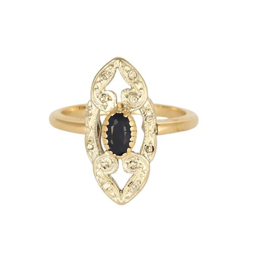 Bague 47 Bague marquise ancienne en or jaune, or blanc, diamants et saphir 58 Facettes Bgmarquisesaphir