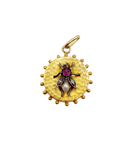 Pendentif Pendentif abeille ancien en or 18k, argent, rubis, perle et diamants 58 Facettes A07285