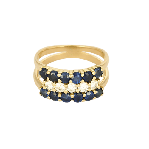 Bague 44 Bague demi-alliance en or jaune, saphirs et diamants 58 Facettes 1/2alldts&sh