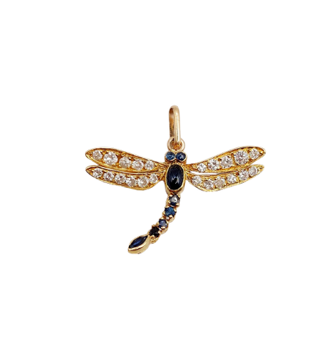 Pendentif libellule vintage en or 18k, saphirs et diamants