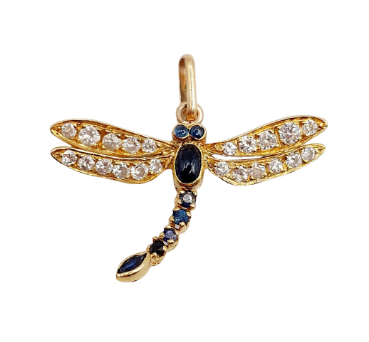 Pendentif libellule vintage en or 18k, saphirs et diamants