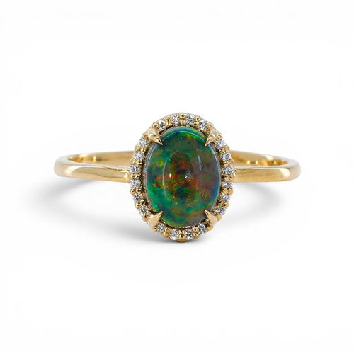 Bague 54 Bague en or jaune 14K, opale noire naturelle et diamants 58 Facettes R003