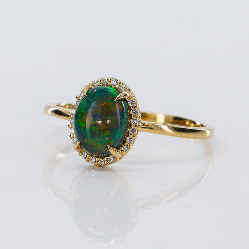 Bague 54 Bague en or jaune 14K, opale noire naturelle et diamants 58 Facettes R003