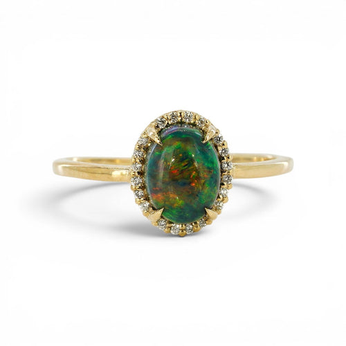 Bague 54 Bague en or jaune 14K, opale noire naturelle et diamants 58 Facettes R003