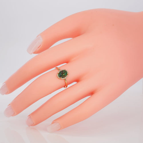 Bague 54 Bague en or jaune 14K, opale noire naturelle et diamants 58 Facettes R003