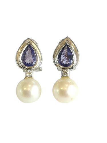 Boucles d'oreilles en platine, perles, diamants et tanzanites