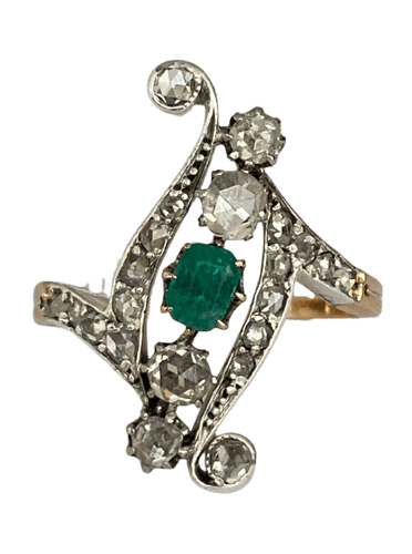 Bague 60 Édouardienne - Bague en or jaune 18 ct et argent, émeraude et diamants 58 Facettes ring