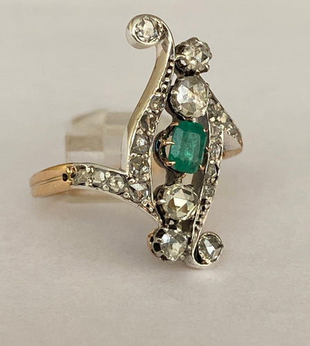 Bague 60 Édouardienne - Bague en or jaune 18 ct et argent, émeraude et diamants 58 Facettes ring