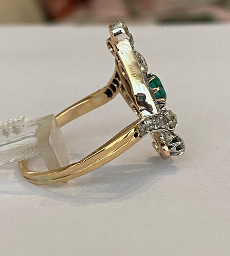 Bague 60 Édouardienne - Bague en or jaune 18 ct et argent, émeraude et diamants 58 Facettes ring
