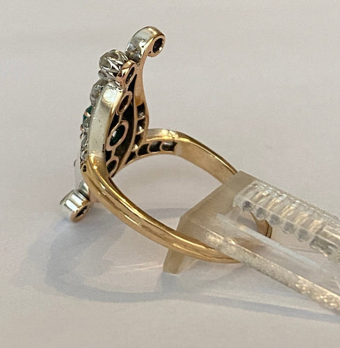 Bague 60 Édouardienne - Bague en or jaune 18 ct et argent, émeraude et diamants 58 Facettes ring