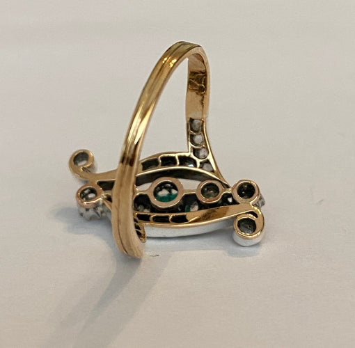 Bague 60 Édouardienne - Bague en or jaune 18 ct et argent, émeraude et diamants 58 Facettes ring