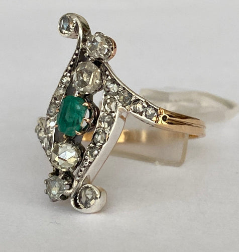 Bague 60 Édouardienne - Bague en or jaune 18 ct et argent, émeraude et diamants 58 Facettes ring