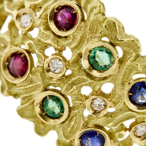 Bague 56 Bague ajourée en or jaune avec rubis, émeraudes, saphirs et diamants 58 Facettes 40254