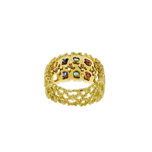 Bague 56 Bague ajourée en or jaune avec rubis, émeraudes, saphirs et diamants 58 Facettes 40254