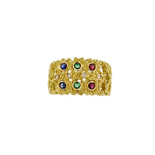 Bague 56 Bague ajourée en or jaune avec rubis, émeraudes, saphirs et diamants 58 Facettes 40254