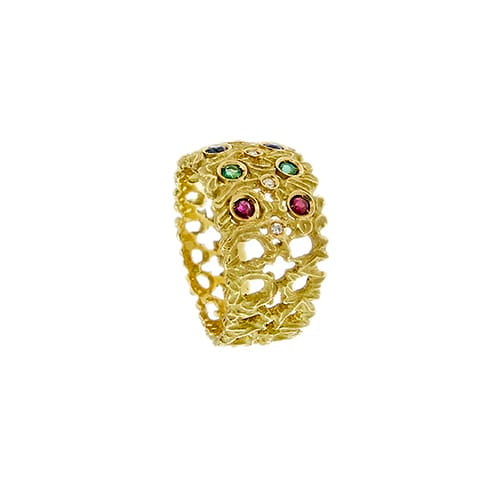 Bague 56 Bague ajourée en or jaune avec rubis, émeraudes, saphirs et diamants 58 Facettes 40254