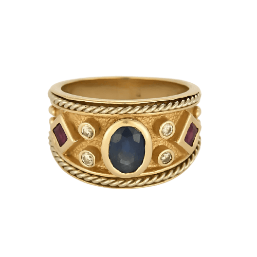 Bague 52 Bague d'archer en or jaune, saphir, diamants et rubis 58 Facettes B250394