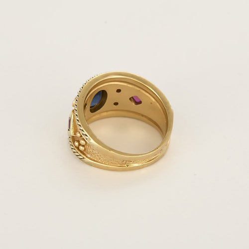 Bague 52 Bague d'archer en or jaune, saphir, diamants et rubis 58 Facettes B250394