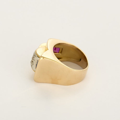 Bague 51 Tank - Bague en or jaune, or gris, diamants et rubis de synthèse 58 Facettes B260287