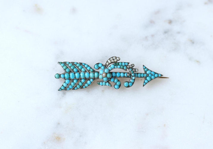Broche Broche Flèche Ancienne Turquoises et Perles sur Or Rose 58 Facettes