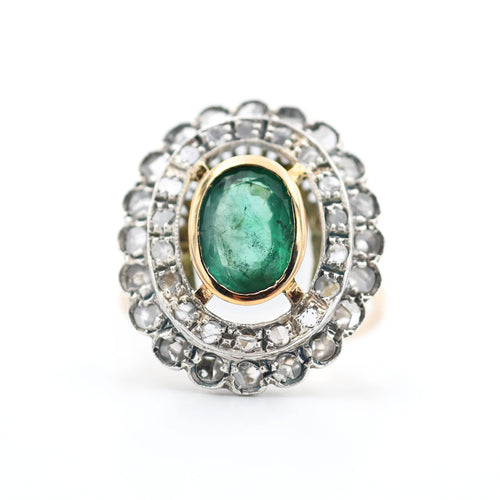 Bague 54 Bague en or 18 kt et argent, émeraude et diamants taille rose 58 Facettes 23170