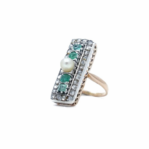 Bague 52.5 Bague rectangulaire perle, émeraudes et diamants en or rose et argent 58 Facettes REF2207