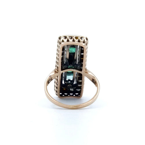Bague 52.5 Bague rectangulaire perle, émeraudes et diamants en or rose et argent 58 Facettes REF2207