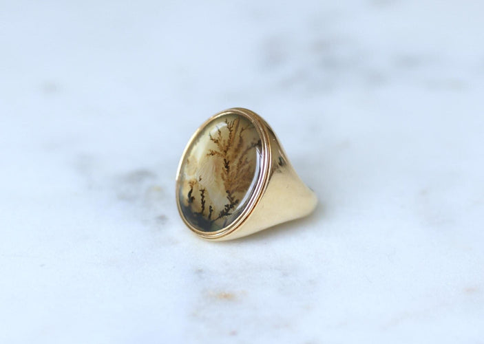 Bague 52 Chevalière ancienne en or jaune et agate dendritique 58 Facettes