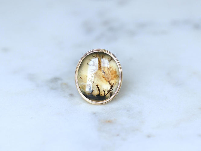 Bague 52 Chevalière ancienne en or jaune et agate dendritique 58 Facettes