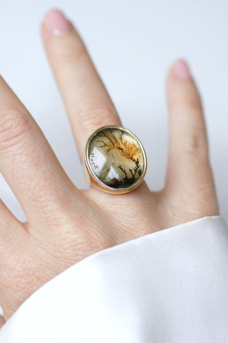 Bague 52 Chevalière ancienne en or jaune et agate dendritique 58 Facettes