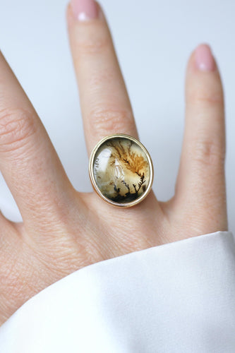 Bague 52 Chevalière ancienne en or jaune et agate dendritique 58 Facettes