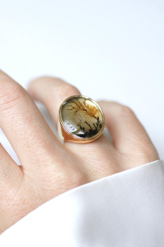 Bague 52 Chevalière ancienne en or jaune et agate dendritique 58 Facettes