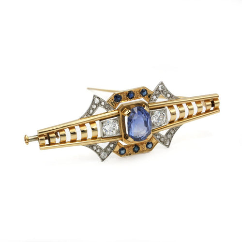 Broche Broche Tank en or jaune, platine, saphirs et diamants 58 Facettes 260064R