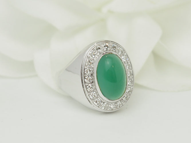 Bague 55 Bague chevalière ancienne en or blanc, agate verte et diamants 58 Facettes 33794