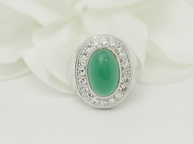 Bague 55 Bague chevalière ancienne en or blanc, agate verte et diamants 58 Facettes 33794