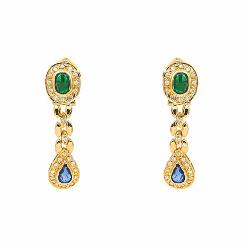 Boucles d'oreilles Boucles d'oreilles en or jaune, émeraudes, saphirs et diamants 58 Facettes 5693507CN