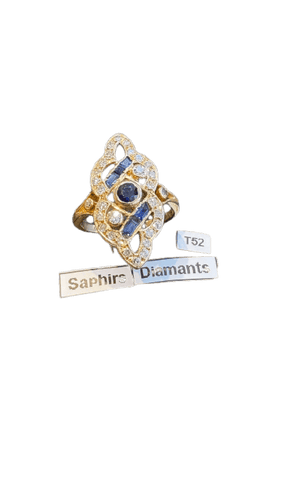 Bague 52 Bague marquise en or jaune, saphirs et diamants 58 Facettes Bague 001