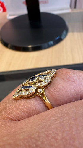 Bague 52 Bague marquise en or jaune, saphirs et diamants 58 Facettes Bague 001