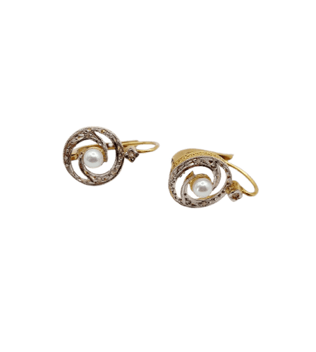 Boucles d'oreilles Dormeuses tourbillon en or 18K, perles et diamants taille rose 58 Facettes A06494