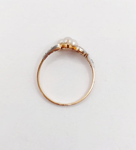 Bague 54 Bague trèfle antique en or rose, platine, perles et diamants 58 Facettes A06880
