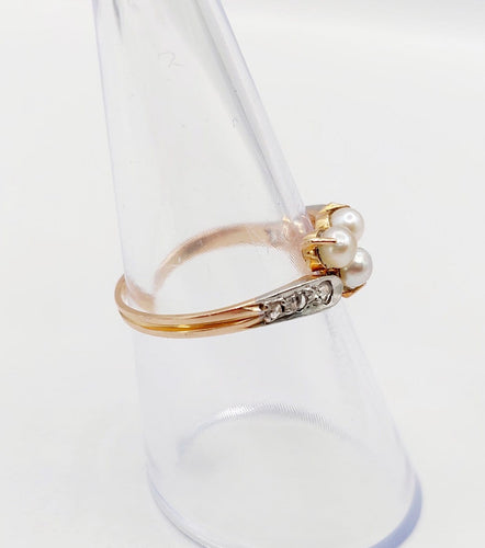 Bague 54 Bague trèfle antique en or rose, platine, perles et diamants 58 Facettes A06880